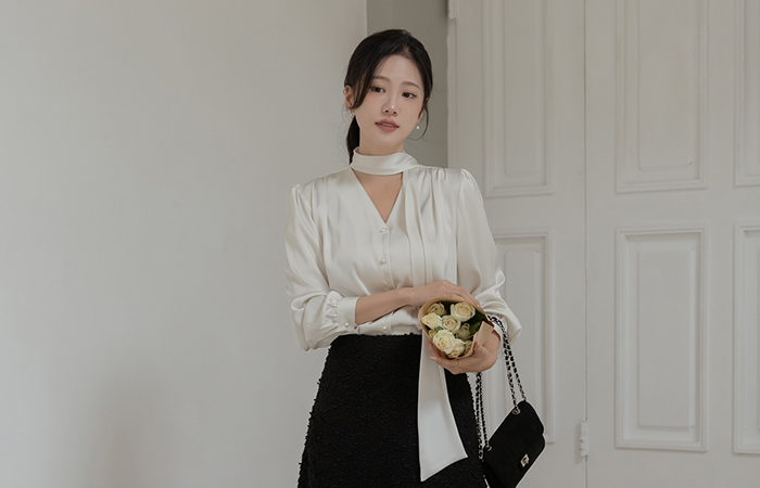 Glossy Scarf-Neck Pearl Button Blouse