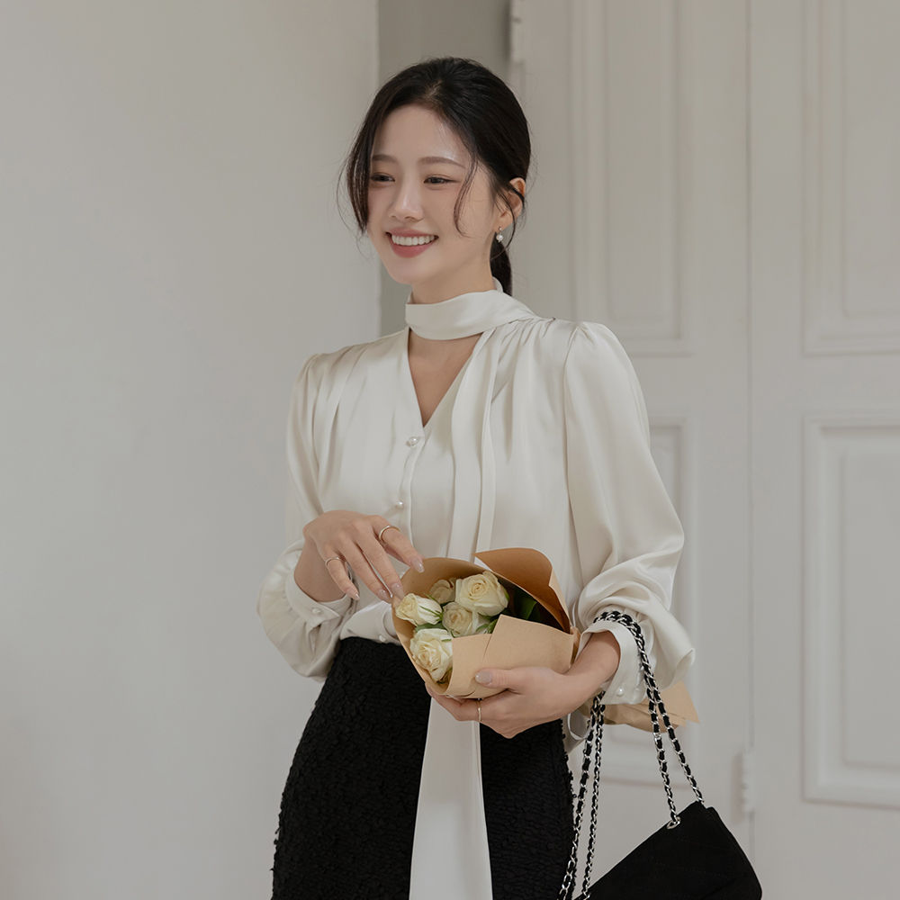 Glossy Scarf-Neck Pearl Button Blouse