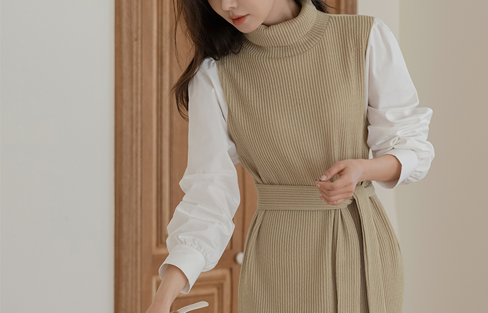 Sleeves Color Combination Corduroy Turtleneck Dress(+Belt)