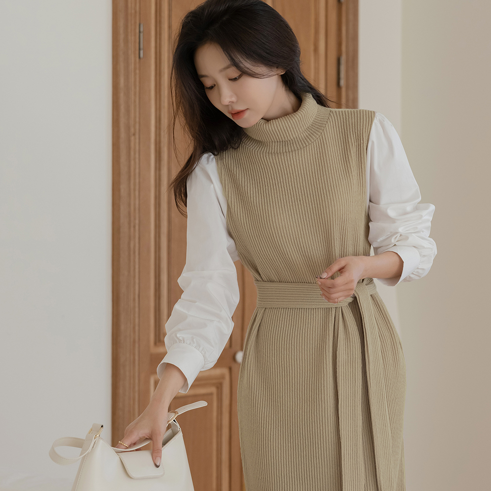 Sleeves Color Combination Corduroy Turtleneck Dress(+Belt)