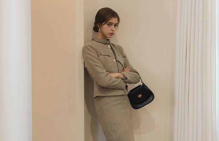 리사 Slim Line Color Combination Tweed Set-up Jacket