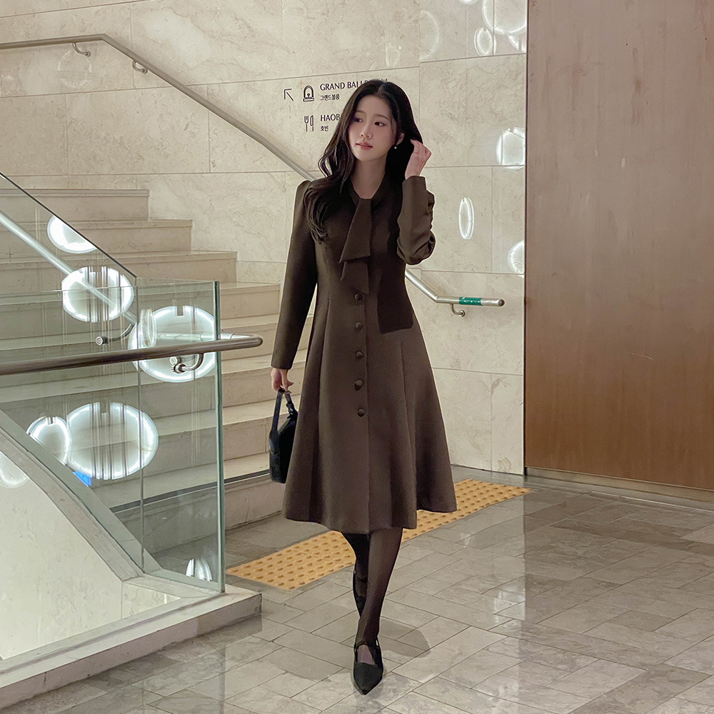 Tie Neck Puff A-line Dress(+Belt)