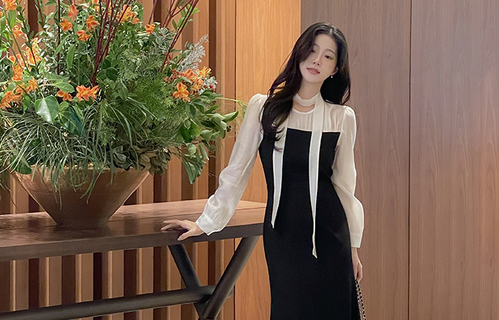 layered Color Combination Dress(+Tie)(2type)