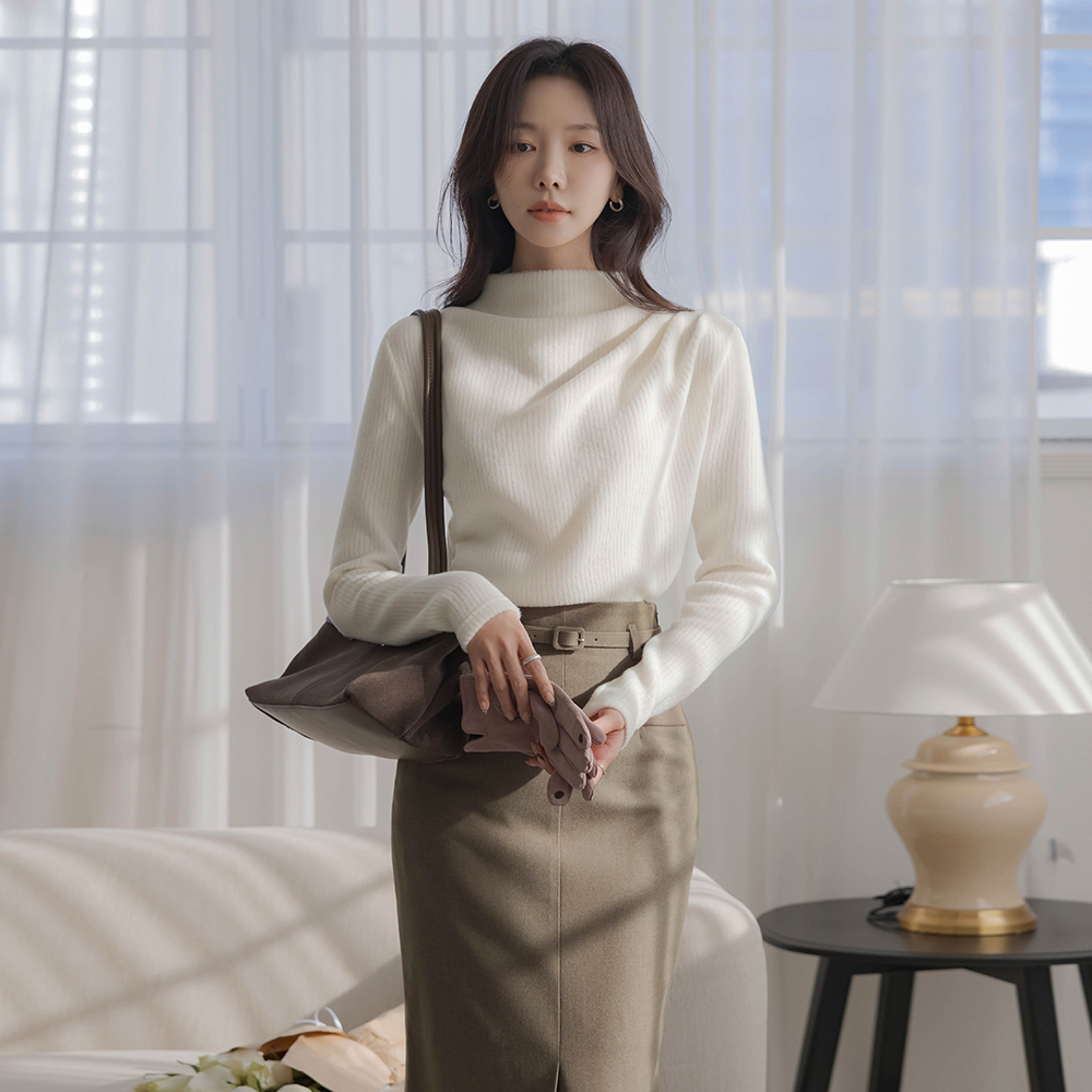 Thick Half-Neck Shirring Peach Corduroy Knit