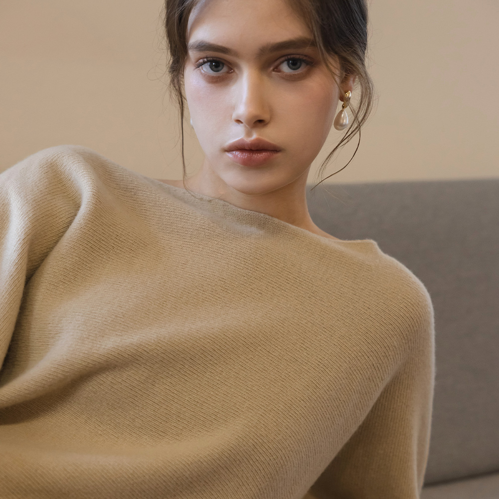 Boat Neck Cashmere&Wool Whole Garment Crop Knit