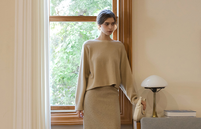 Boat Neck Cashmere&Wool Whole Garment Crop Knit
