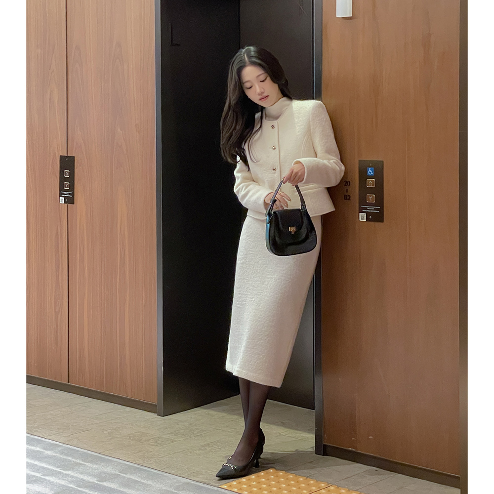 Wool100% Bouclé Tweed H-line Long Set-up Skirt