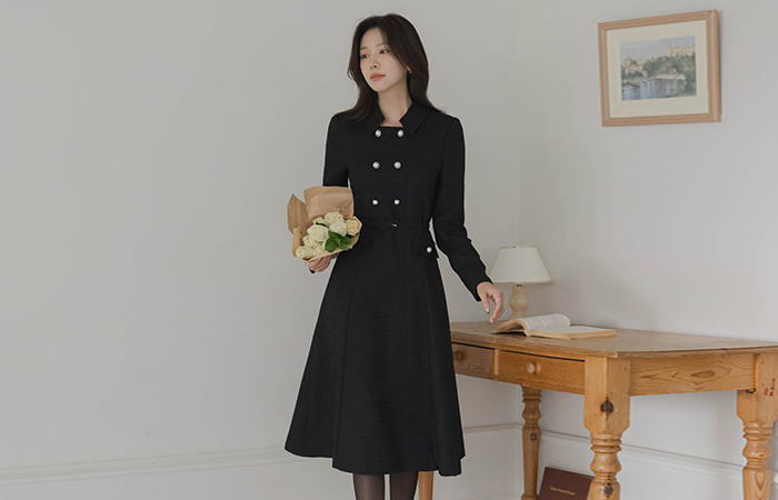 Feminine Pearl A-line Tweed Dress(+Belt)