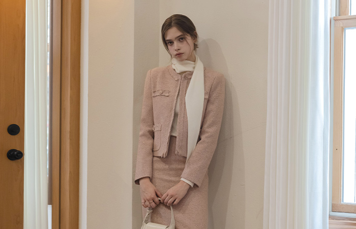 Rosy mix Wool Tassel Tweed Set-up Jacket