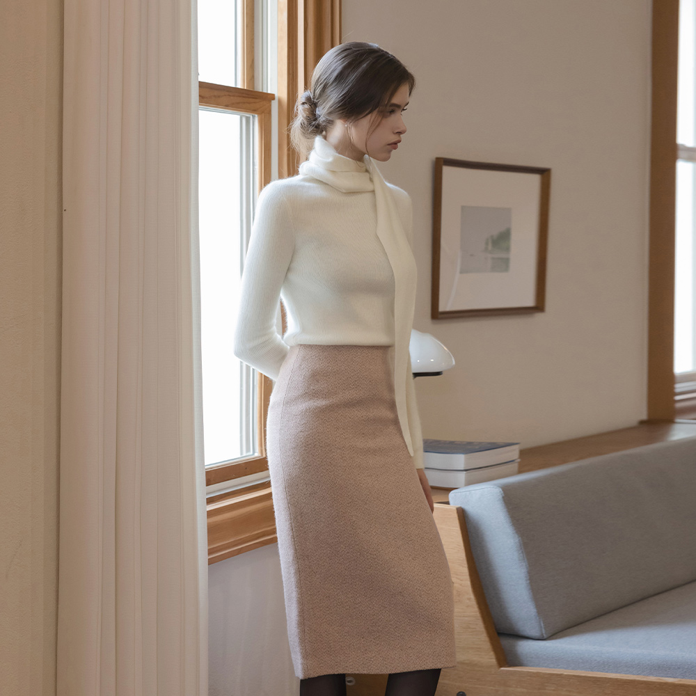 Rosy mix Wool H-line Tweed Set-up Skirt