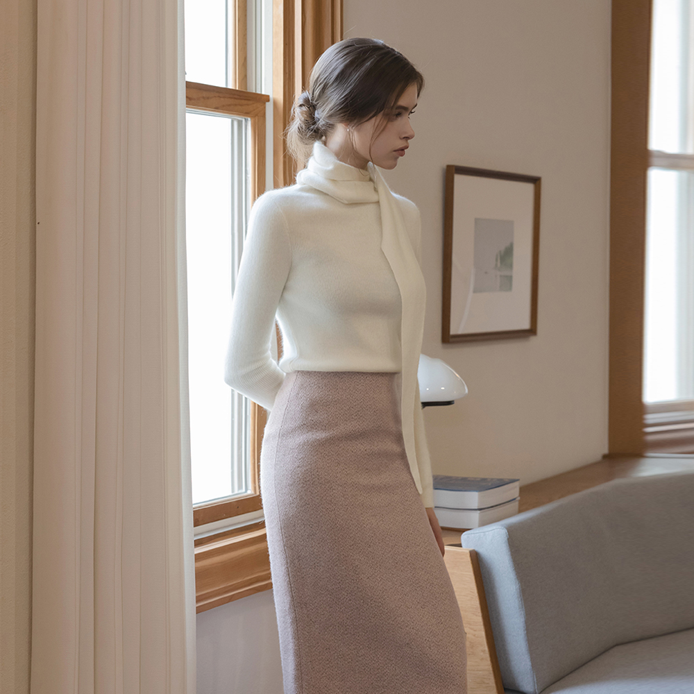 Feminine Scarf-Neck raccoon&Wool Knit