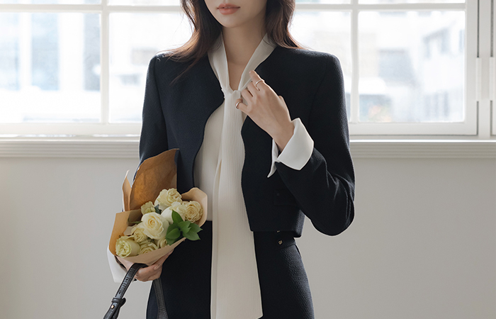 Eli pearl Sleeves Color Combination 물결 Tweed Set-up Jacket