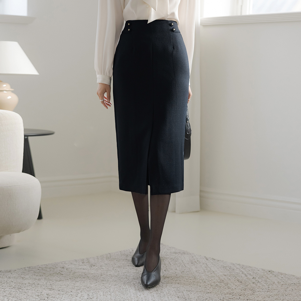 Eli pearl Button Point H-line Tweed Set-up Skirt