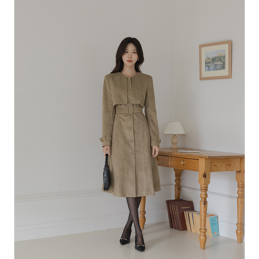 Suede Trench Style A-line Dress(+Belt)