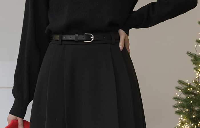 Pleats The Back Banding A-line Wool Skirt(+Belt)