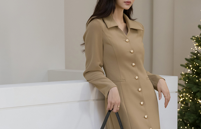 Collar Cutting-Neck Gold Button H-line Dress