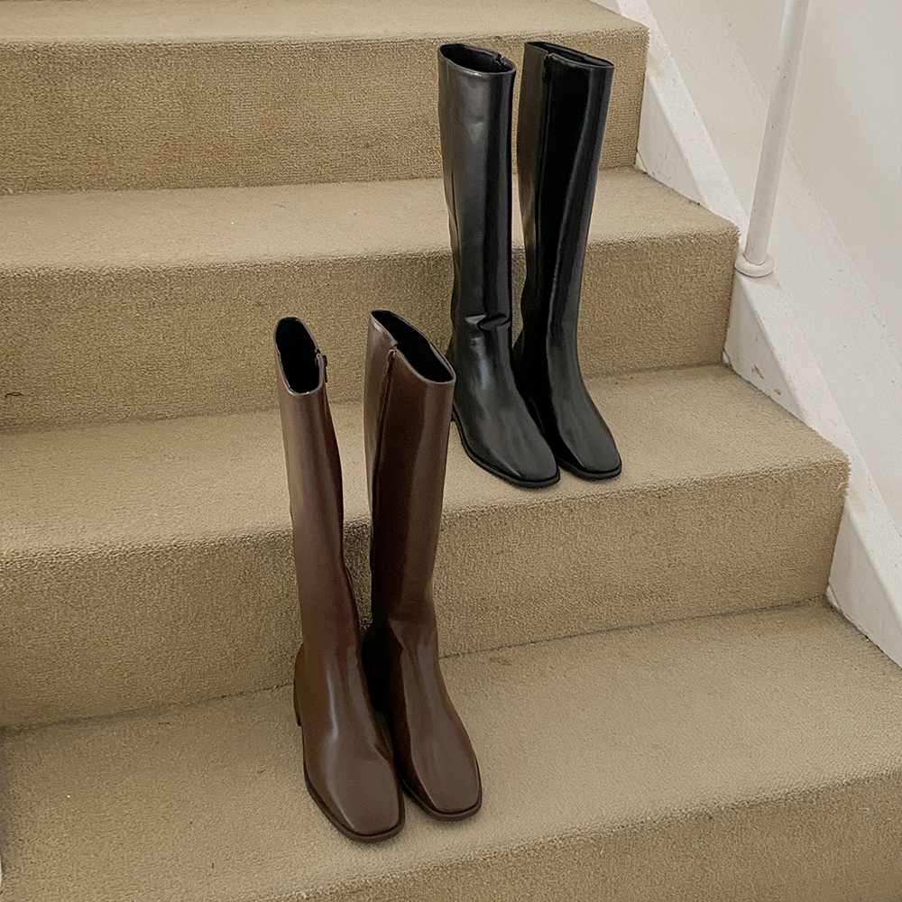 Daily Square Leather Long Boots