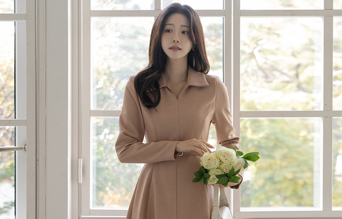 Mari Collar Cutting-Neck A-line Dress(+Belt)