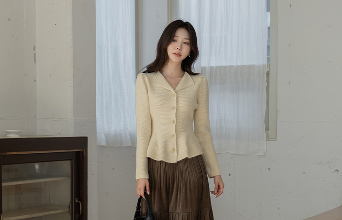 Open-Neck Peplum Puff Cardigan Knit