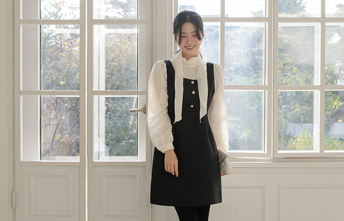 Scarf-Neck layered Color Combination Tweed Dress