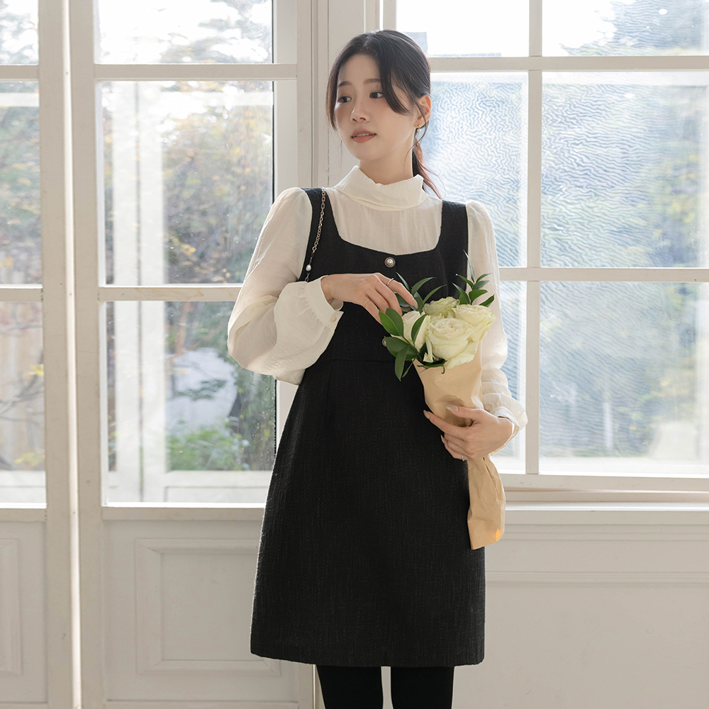 Scarf-Neck layered Color Combination Tweed Dress