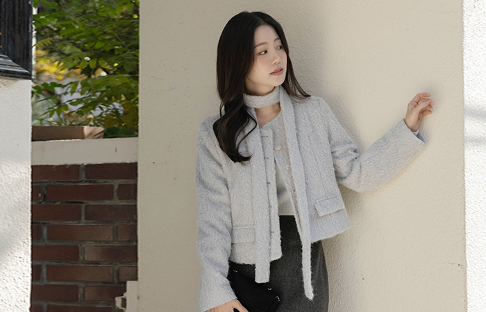 Bouclé Tweed Quilting Jacket(+Tie)