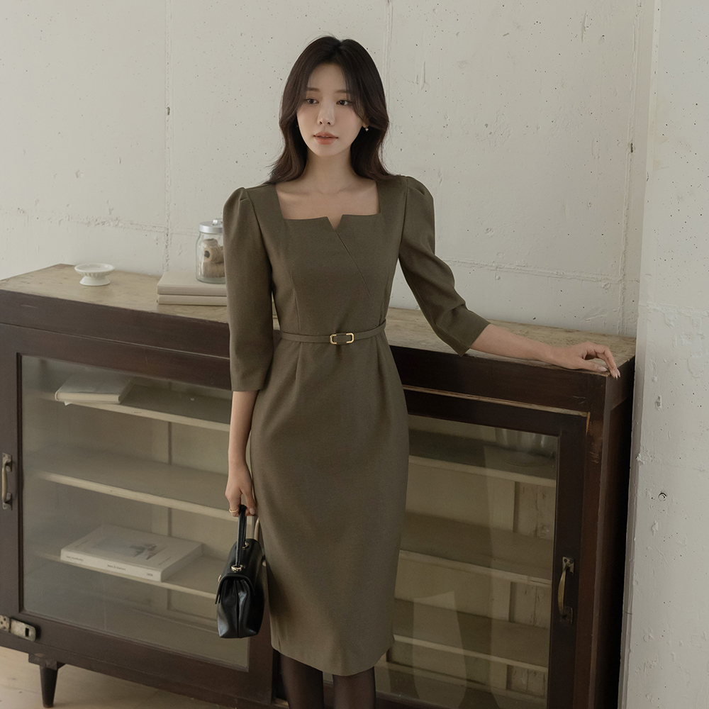 Square Cutting-Neck Capri H-line Dress(+Belt)