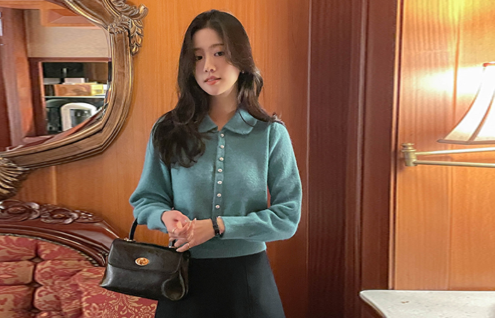 Color Point Polo Pearl Buttons Knit