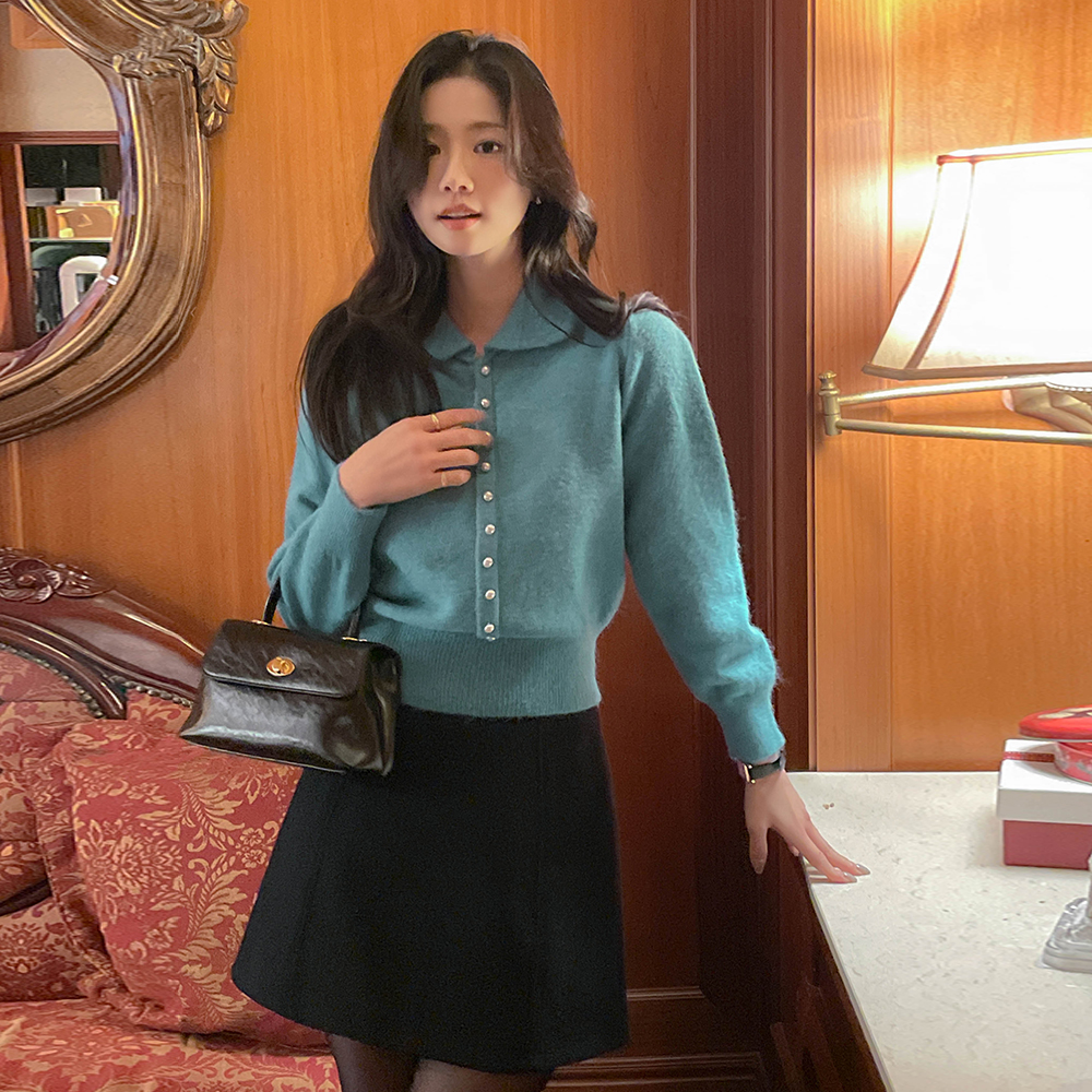 Color Point Polo Pearl Buttons Knit