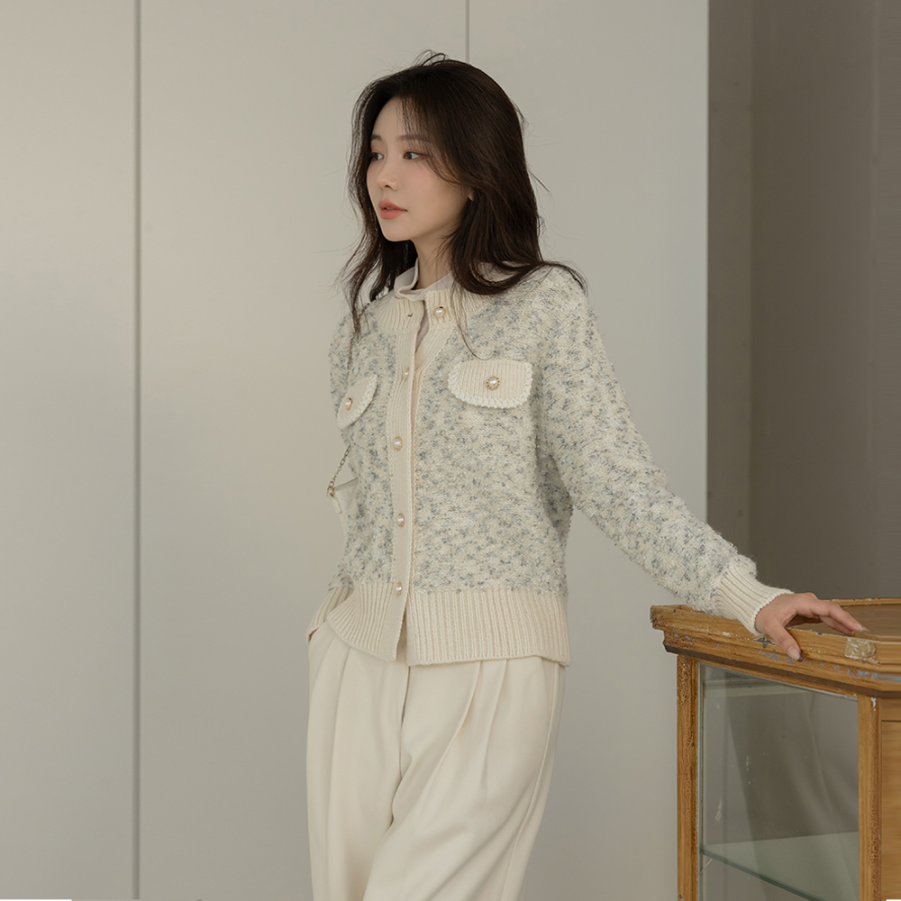 Color Combination Raund neck mix Bouclé Cardigan