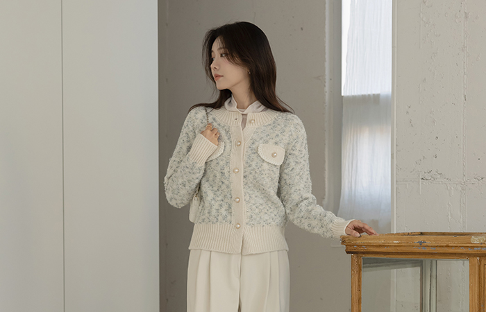 Color Combination Raund neck mix Bouclé Cardigan