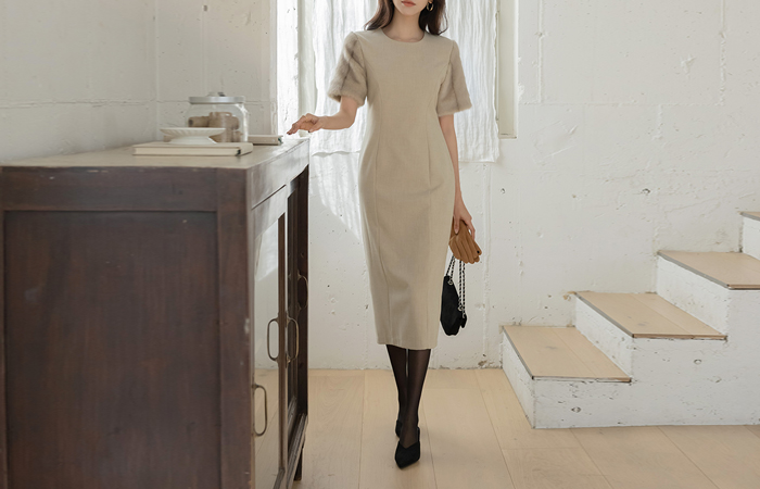 Sleeves Fur Color Combination H-line Wool Fleece Dress