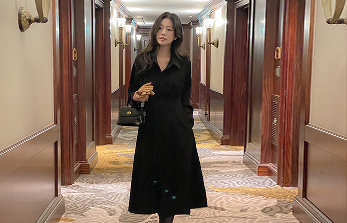 Cozy Pintuck Strap Belt A-line Shirt Dress