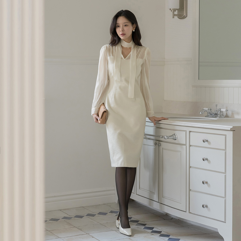 layered Color Combination H-line Wool Tweed Dress(+Tie)