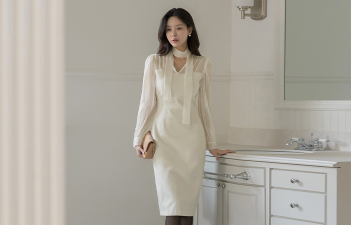 layered Color Combination H-line Wool Tweed Dress(+Tie)