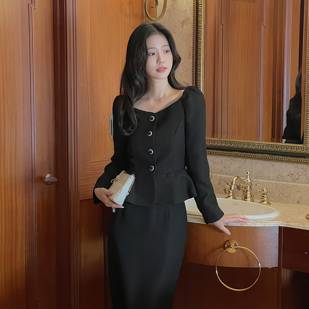 Tweed Peplum Set-up Blouse(+Belt)