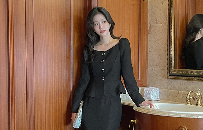이브 Tweed Peplum Set-up Blouse(+Belt)
