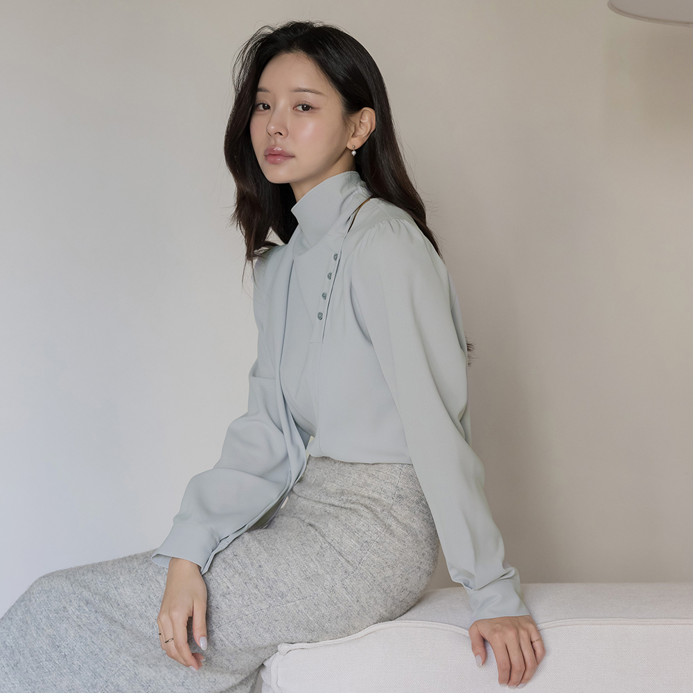 Scarf-Neck Unbalance Button Blouse