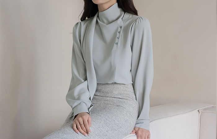 Scarf-Neck Unbalance Button Blouse