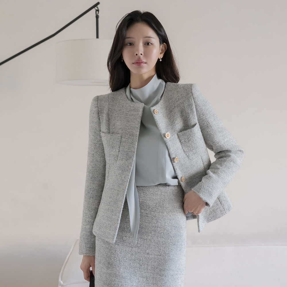 ODE Bouclé Wool Peplum Tweed Set-up Jacket