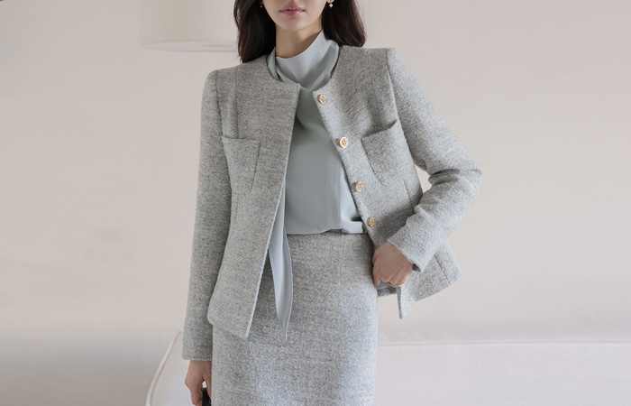 ODE Bouclé Wool Peplum Tweed Set-up Jacket