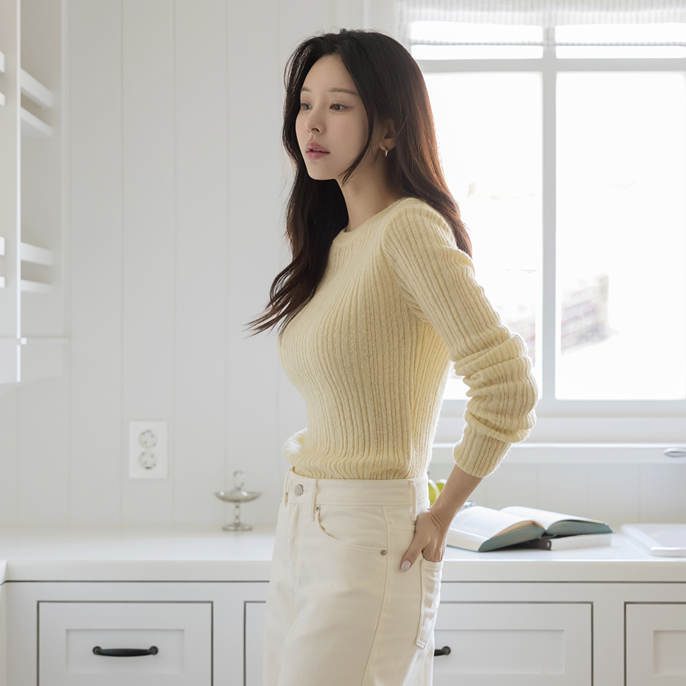 Raund neck Mohair&Wool Corduroy Knit