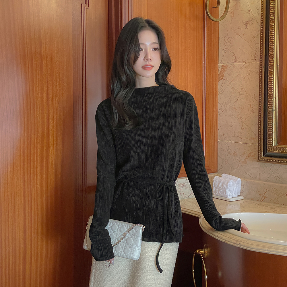 Glitter Velvet Half-Neck Wrinkle Span T-shirt(+Belt)