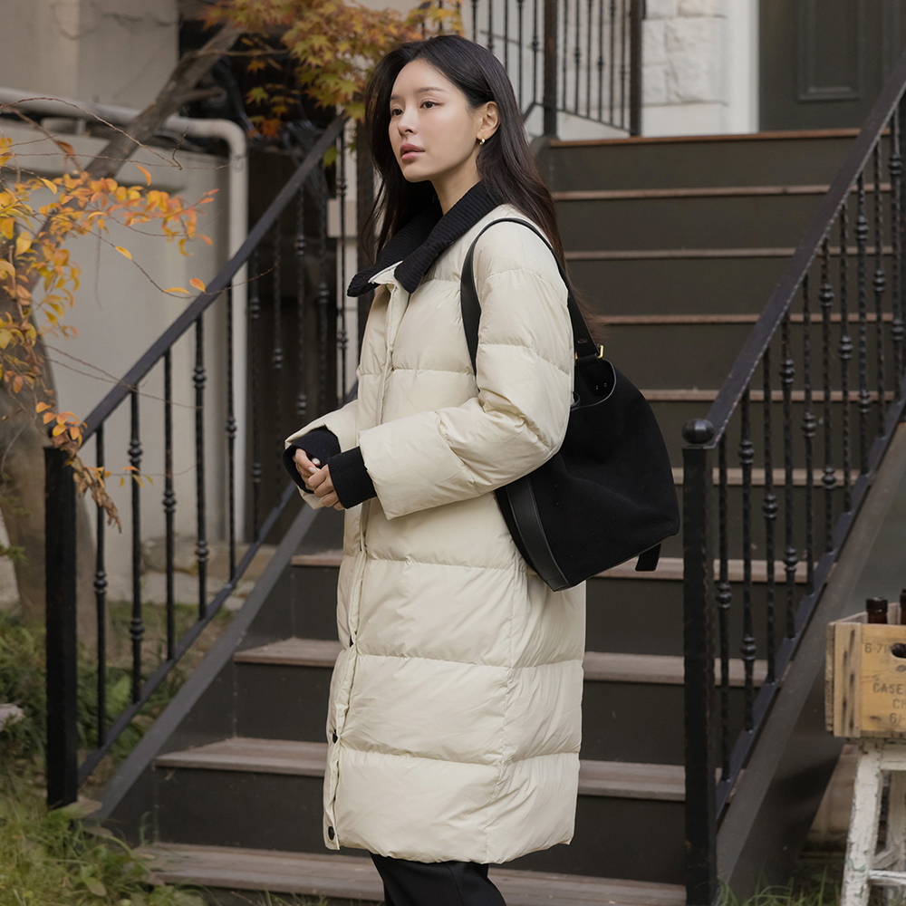 Knit Color Combination Duck Down Long-Padded Jumper