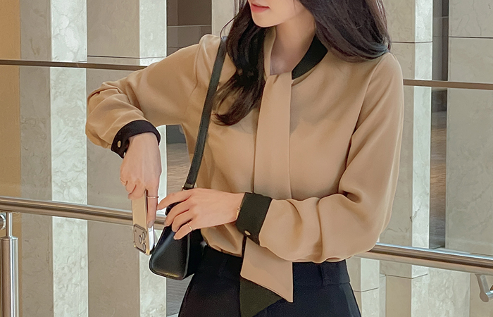 Office Color Combination Tie Neck Blouse