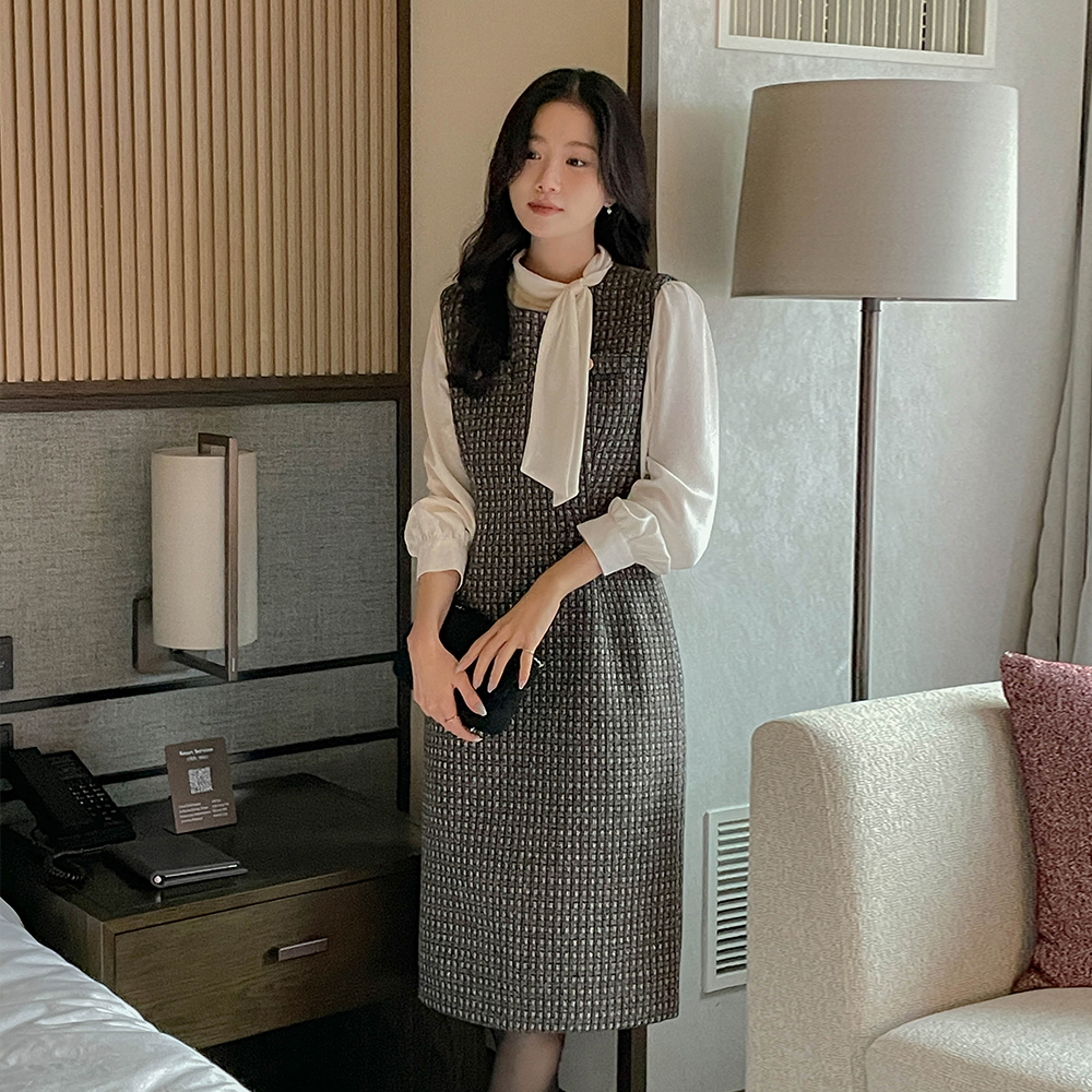Check Wool Tweed H-line Bustier Dress(+Belt)