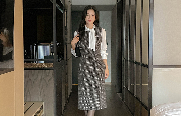 Check Wool Tweed H-line Bustier Dress(+Belt)