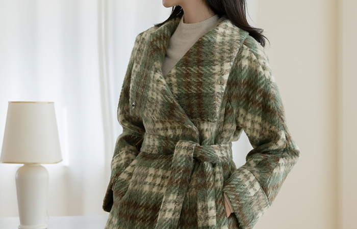 High-Neck Wool mix Check Harp Coat(+Belt)