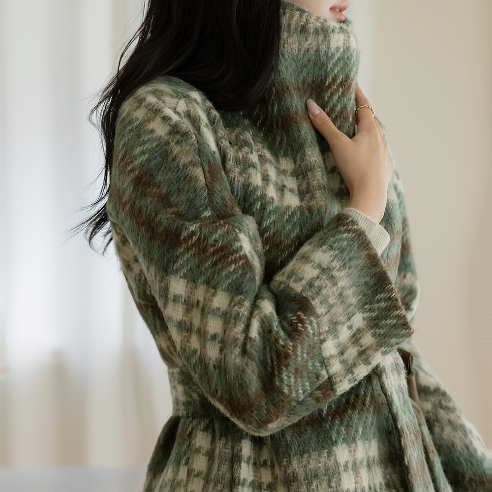 High-Neck Wool mix Check Harp Coat(+Belt)