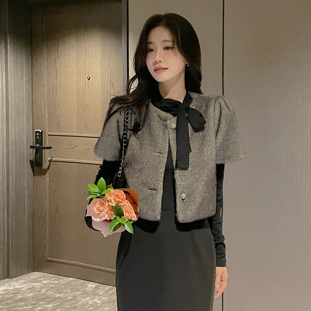 Mink Fur Puff Crop Short-sleeve Jacket